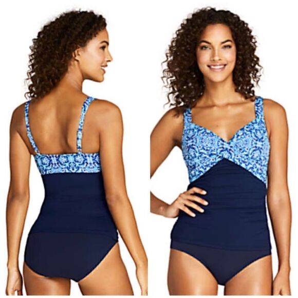 Land’s End V neck wrap underwire tankini navy and print adjustable straps 8 - Picture 1 of 5